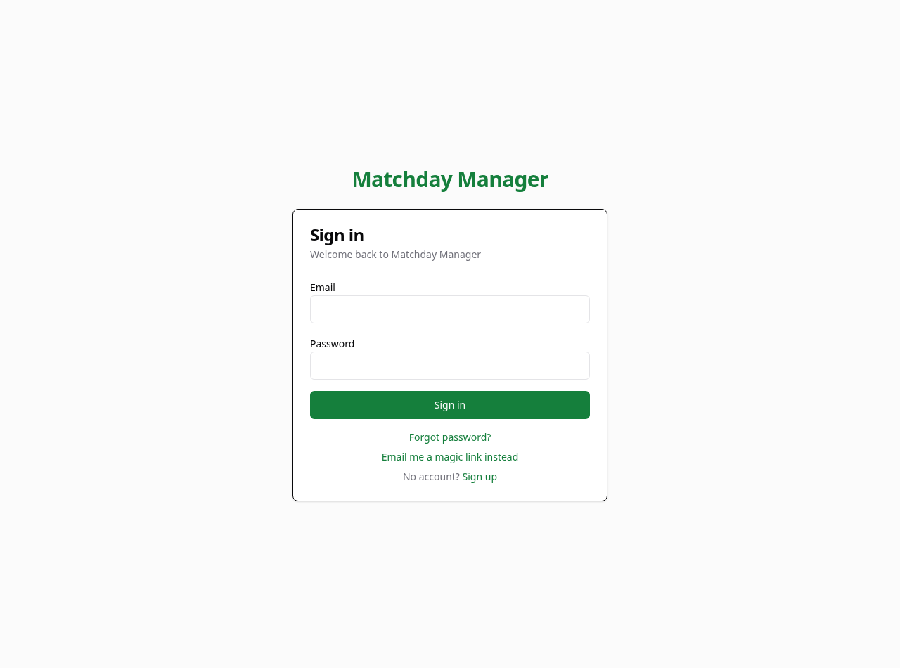 Sign-in screen: enter your email and password, or choose a magic link or password recovery.